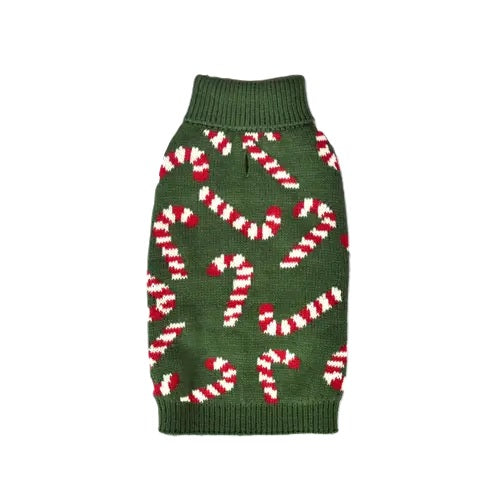 Knitted holiday dog sweater with candy cane pattern