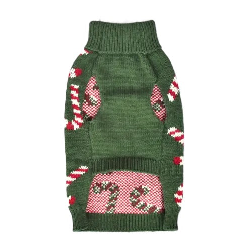 Dark green knitted dog sweater with candy cane and peppermint pattern on a white background