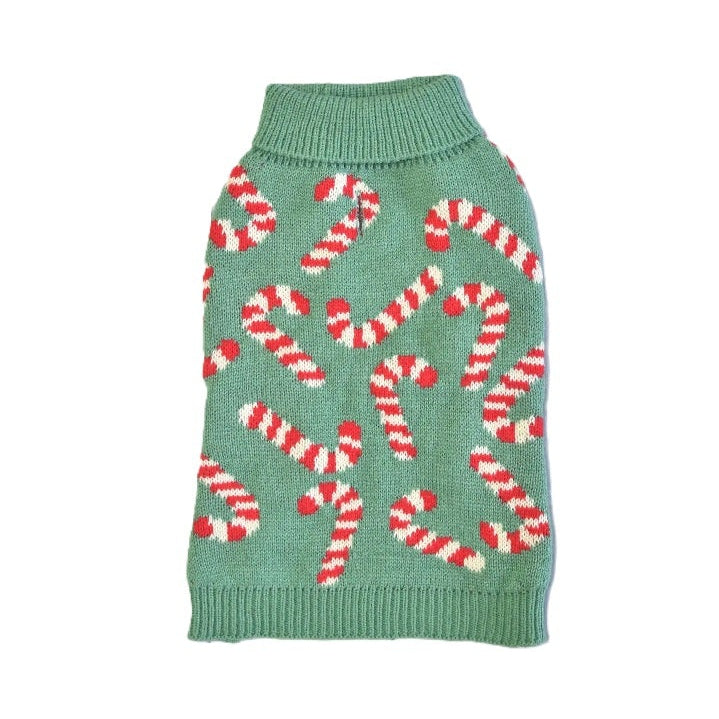 Green candy cane dog sweater with festive knit pattern