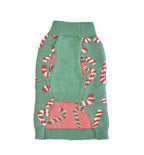 Green dog sweater with candy cane pattern on a white background