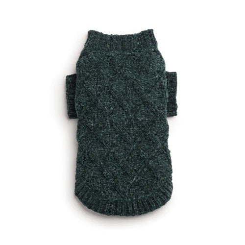 Dark green plush chenille dog sweater on a white background