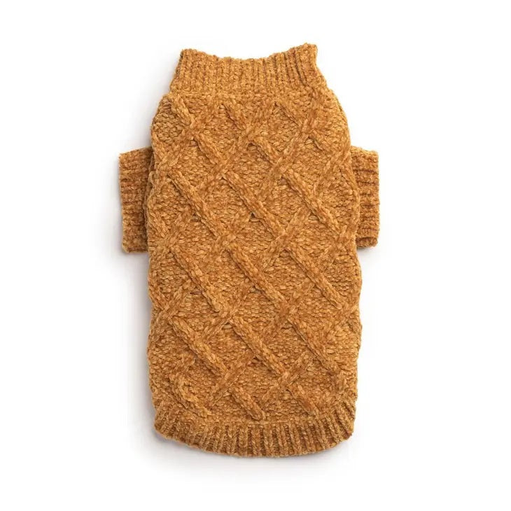 Chenille knitted dog sweater in mustard yellow on a white background