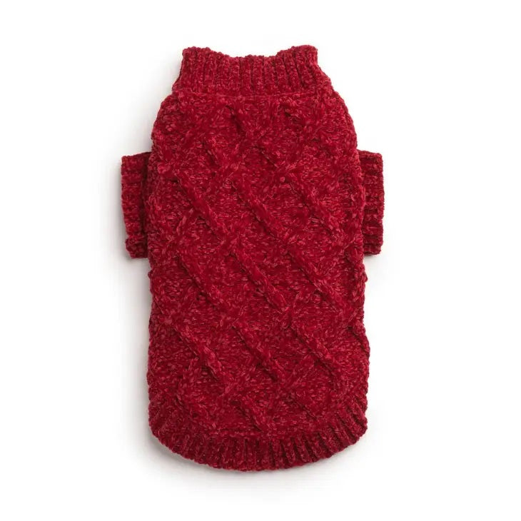 Red knitted chenille dog sweater on a white background