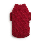Red knitted chenille dog sweater on a white background