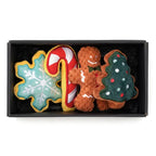 Set of four Christmas-themed dog toys  including a star, candy cane, gingerbread man and a Christmas tree in a black gift box on a white background.