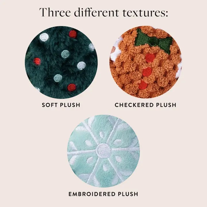 Three different textures of plush toys labeled 'Soft Plush', 'Checkered Plush', and 'Embroidered Plush' on a beige background.