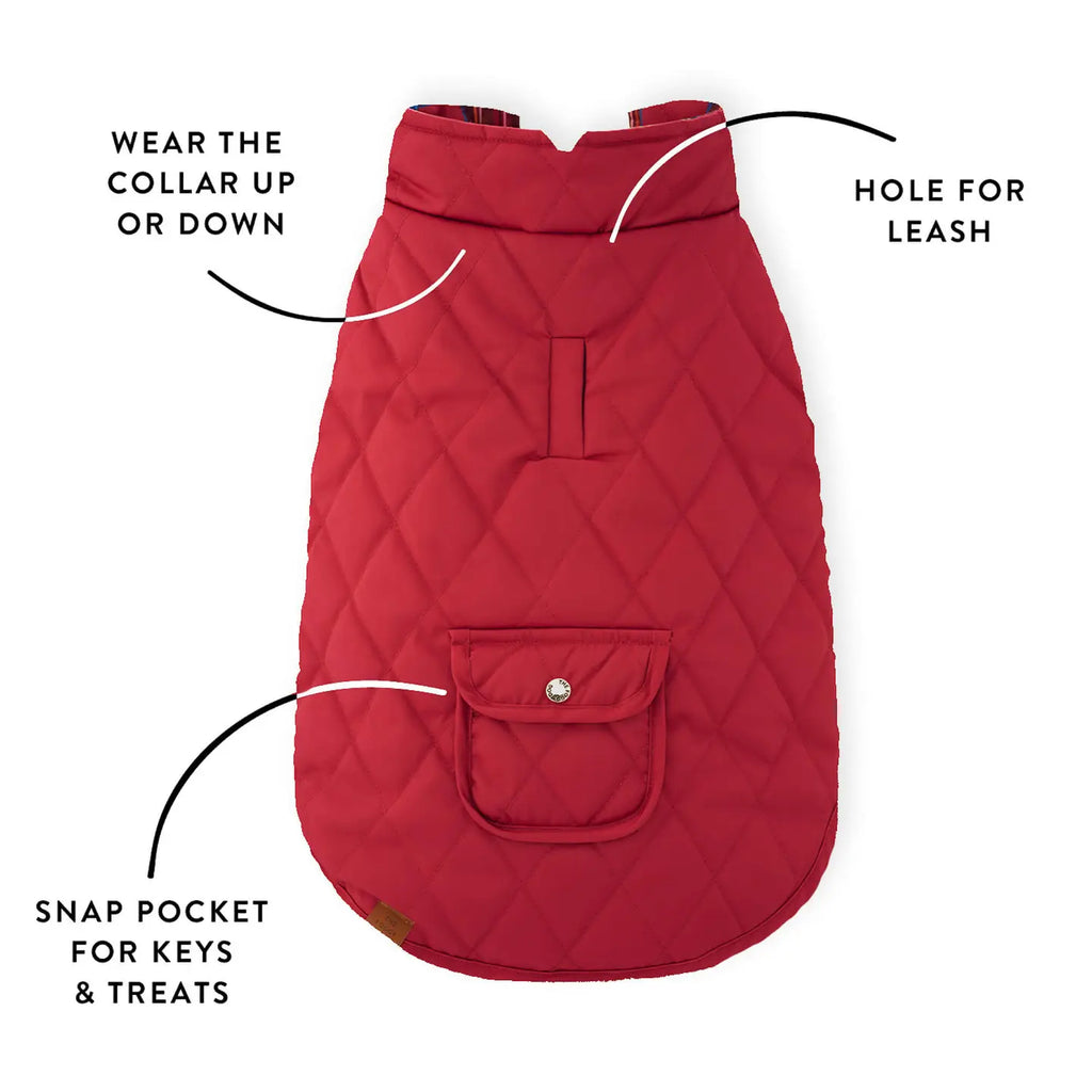 Red quilted dog coat with features labeled on a white background