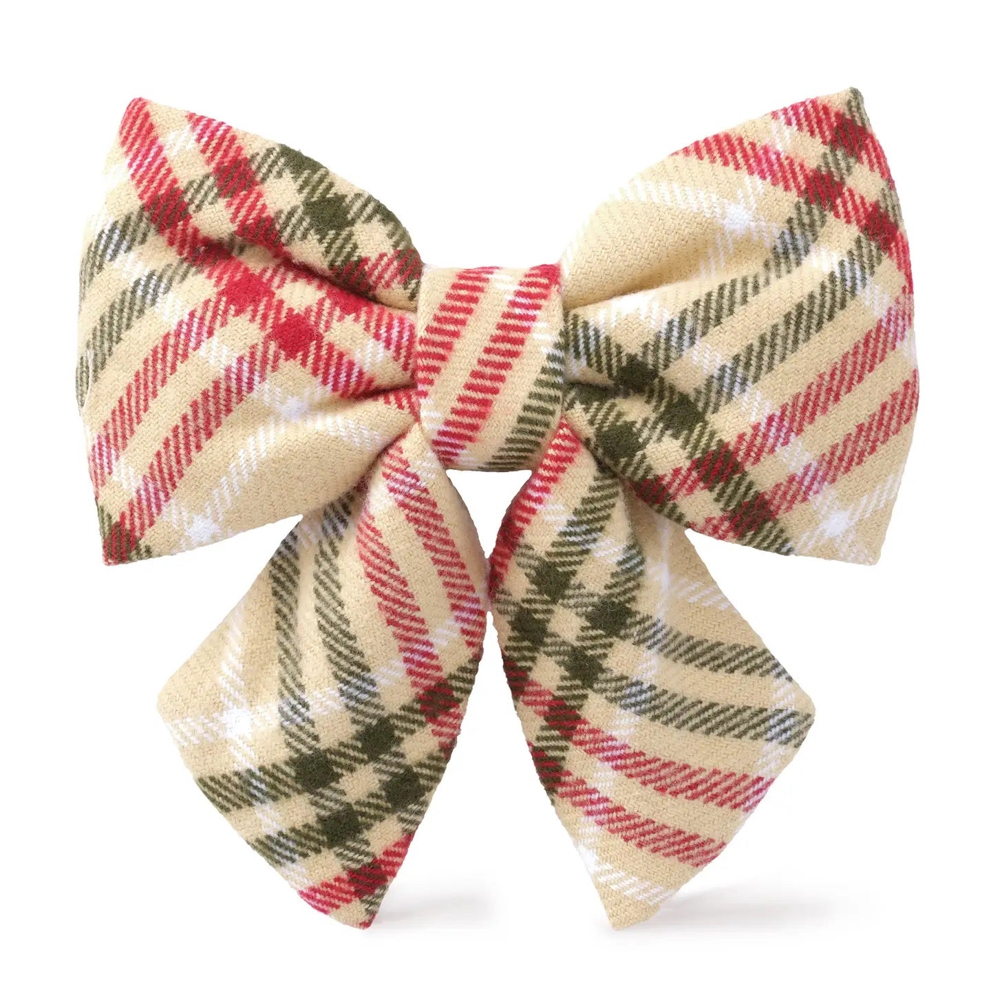 Plaid bow with red, green, and beige colors on a white background