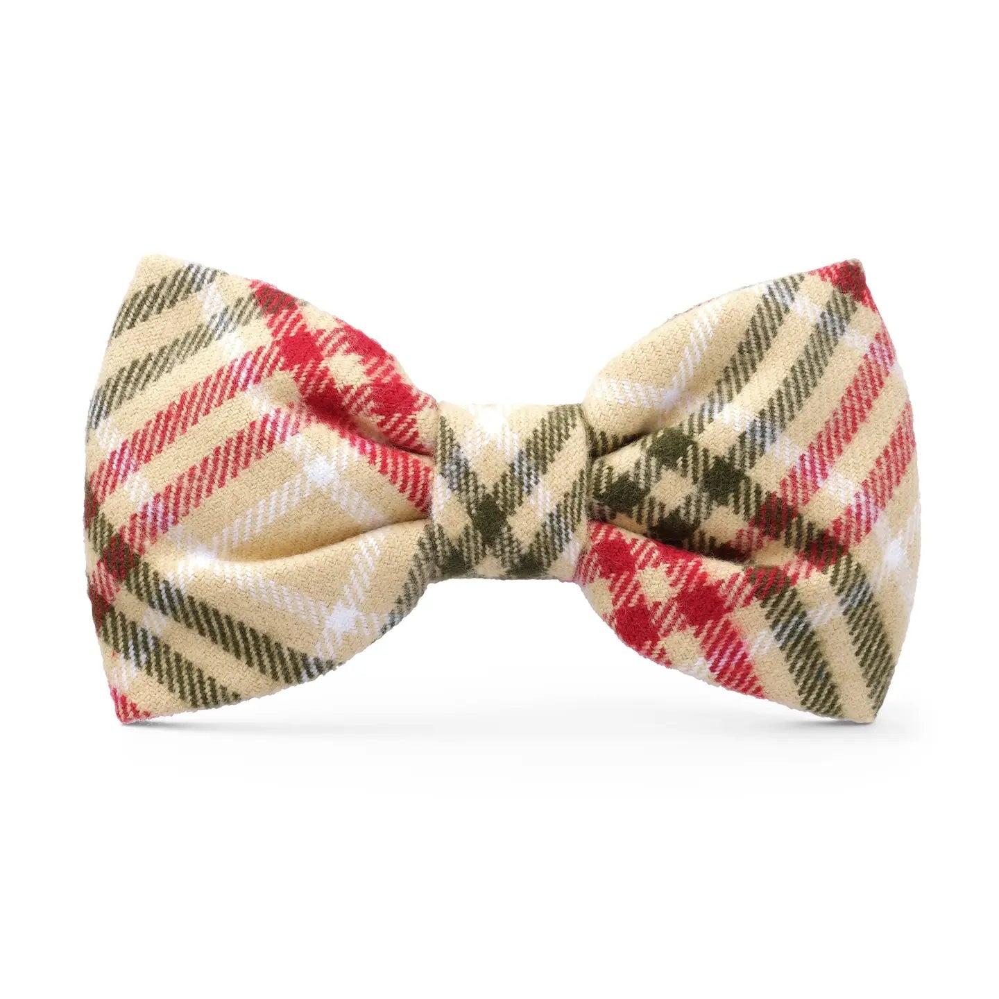 Plaid bow tie with red, green, and beige pattern on a white background