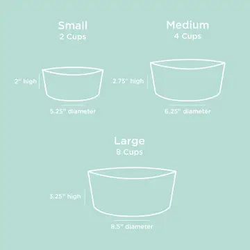Illustrations of small, medium, and large containers with their respective capacities and dimensions on a light blue background.