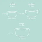 Illustrations of small, medium, and large containers with their respective capacities and dimensions on a light blue background.