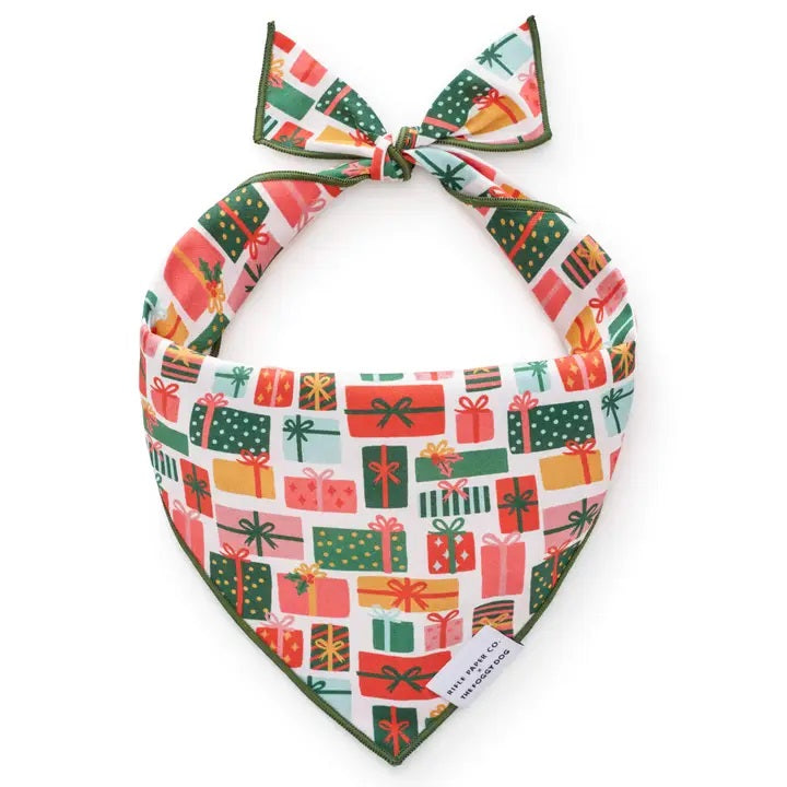 Christmas-themed bandana with colorful gift boxes on a white background