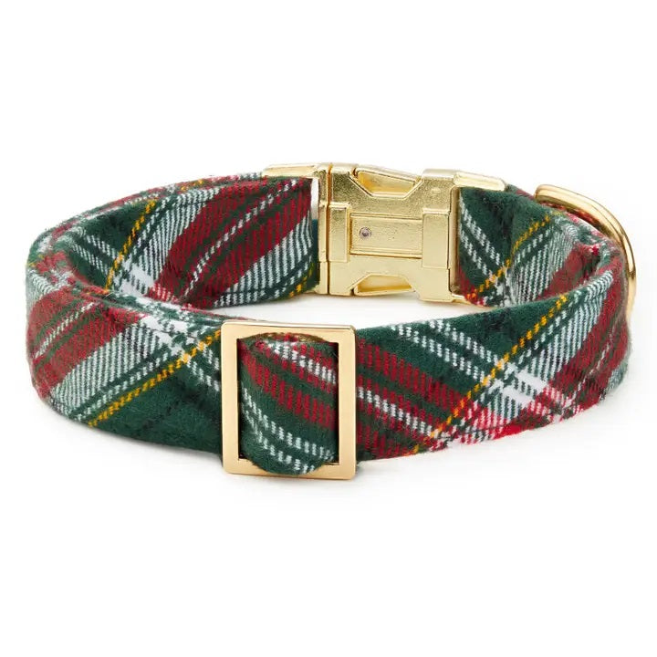 Plaid dog collar with gold buckle on a white background