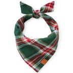 Plaid bandana with green, red, and white colors on a white background