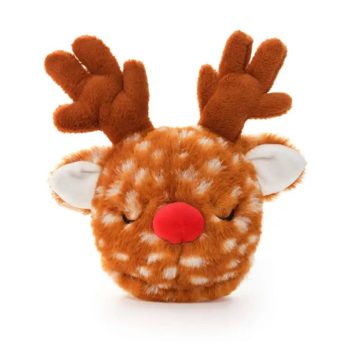 Plush reindeer dog toy with a red nose on a white background 