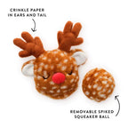 Reindeer dog toy with crinkle paper in ears and tail and removable spiky squeaker ball on a white background
