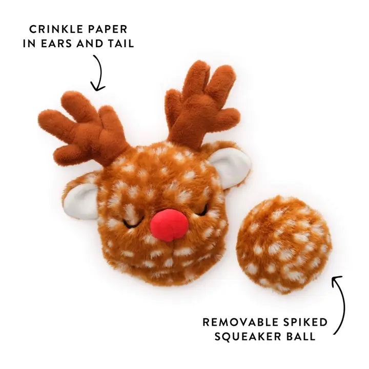 Reindeer dog toy with crinkle paper in ears and tail and removable spiky squeaker ball on a white background