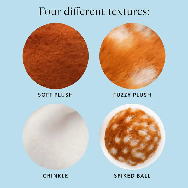 Four different textures labeled 'Soft Plush', 'Fuzzy Plush', 'Crinkle', and 'Spiked Ball' on a blue background.