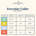 Lucy & Co. Everyday Collar size chart with neck measurements and color-coded sizes.