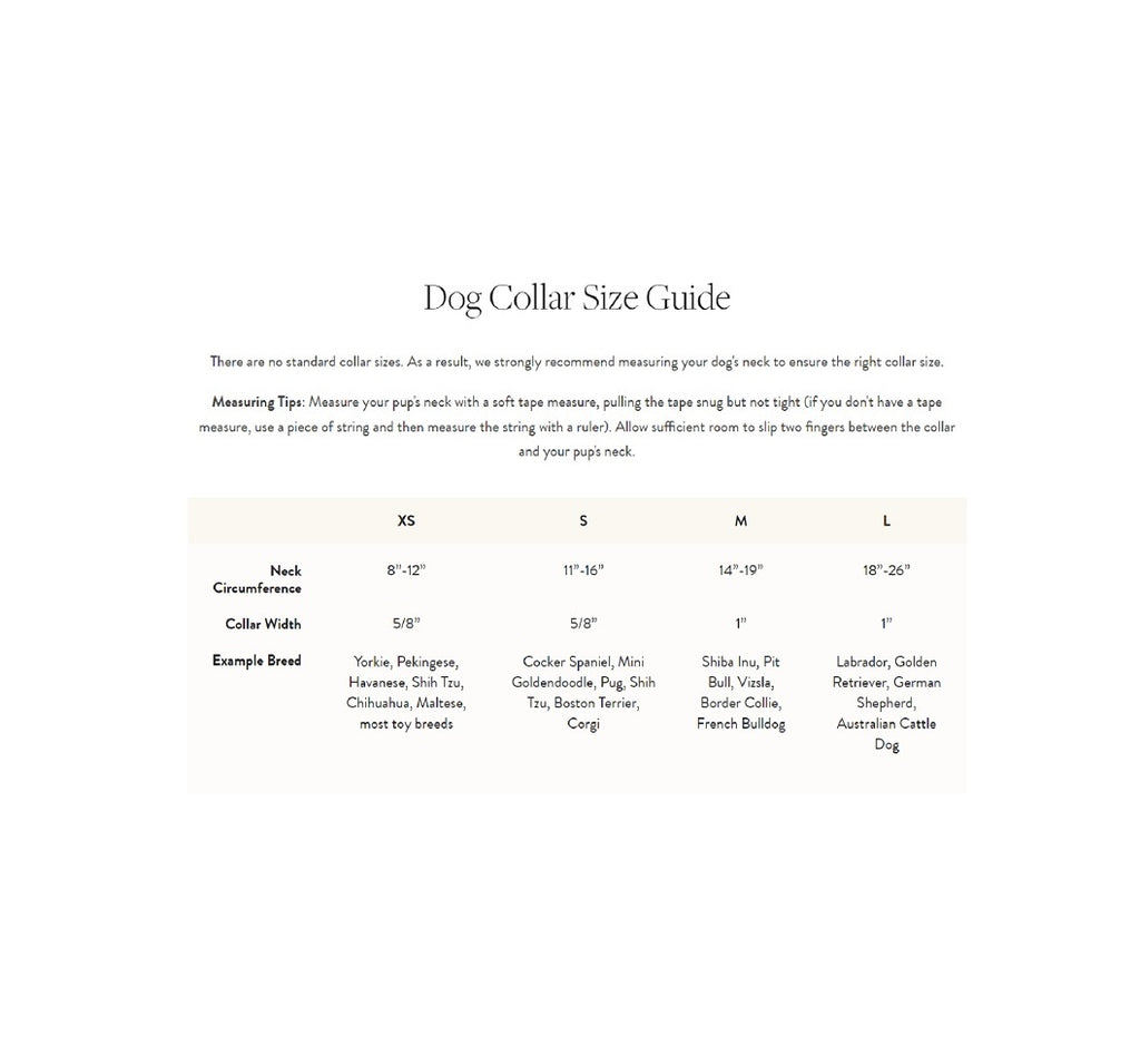 Dog collar size guide with measurements and examples on a white background