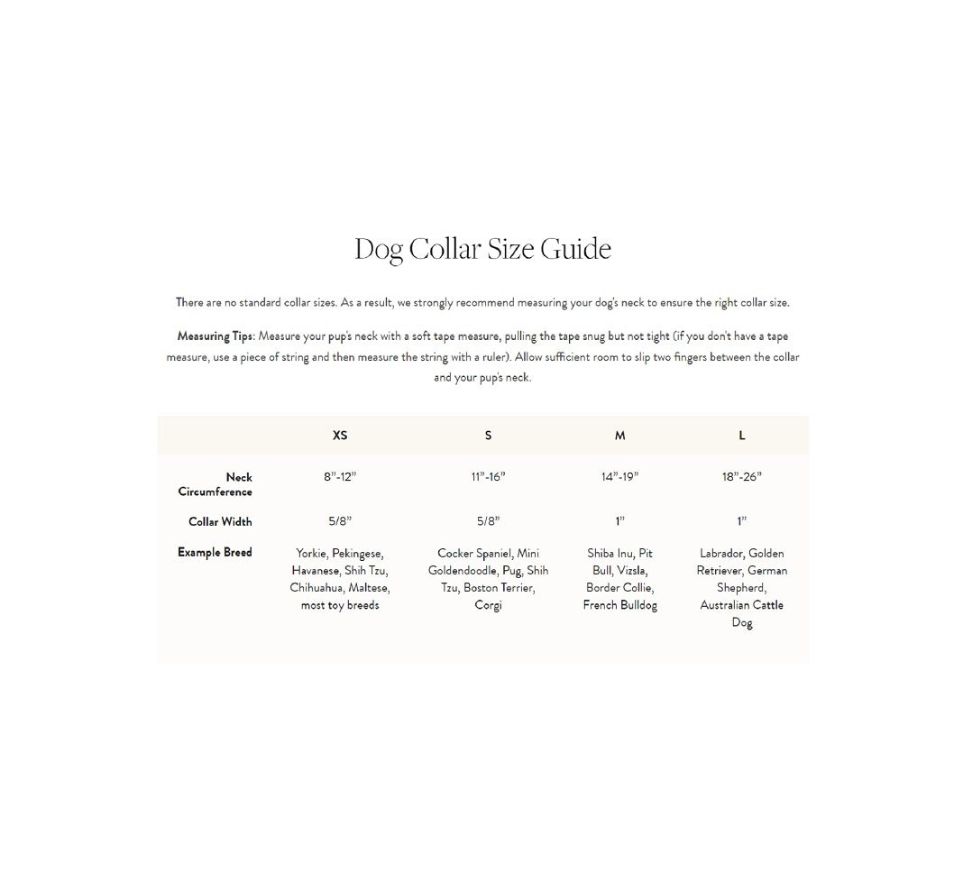 Dog collar size guide with measurements and examples on a white background