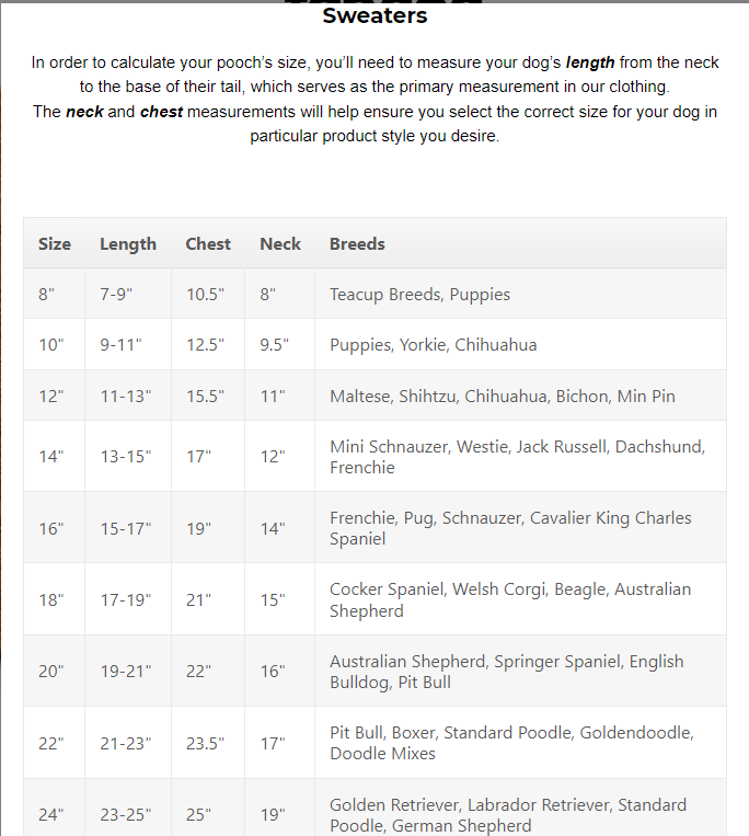 Dog sweater size chart with measurements and breed guidelines.