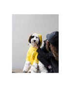 Person holding a dog wearing a yellow raincoat against a plain background