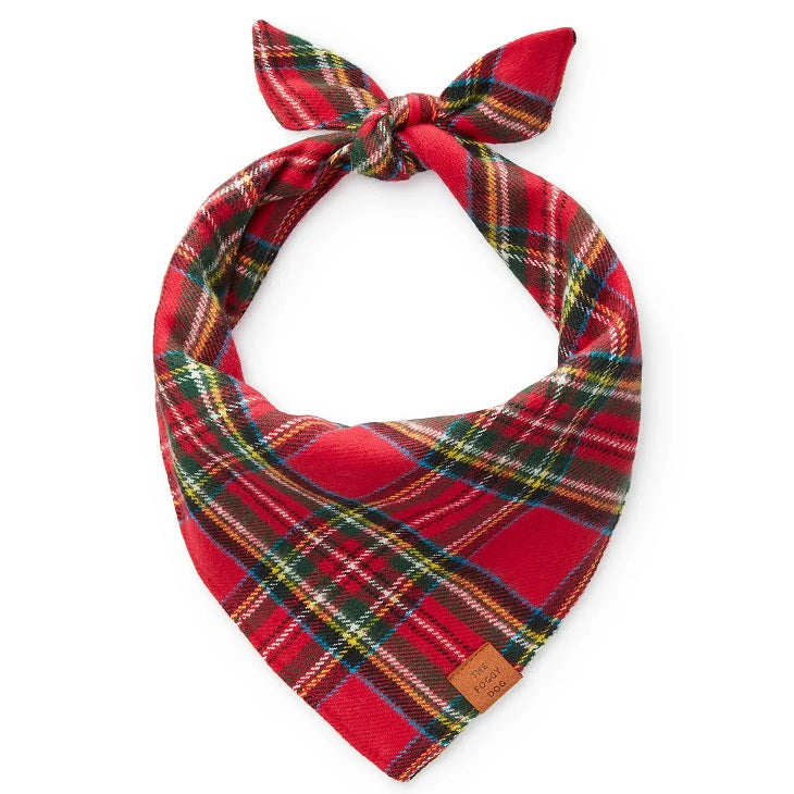 Red plaid dog bandana on a white background