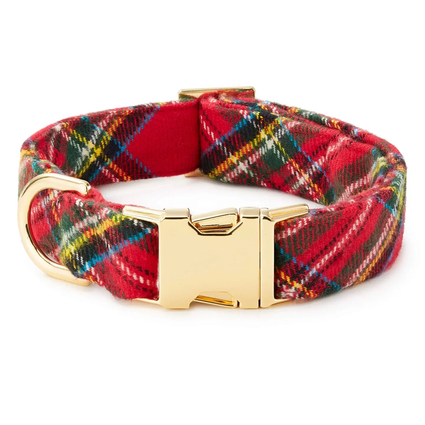 Plaid dog collar with gold buckle on a white background