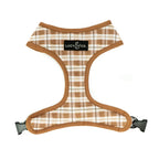 Plaid dog harness with brown border and 'Lucy & Co.' label on a white background