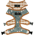 Two dog harnesses with plaid and nature-themed designs, branded 'Lucy & Co'.