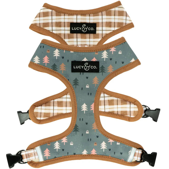 Two dog harnesses with plaid and nature-themed designs, branded 'Lucy & Co'.
