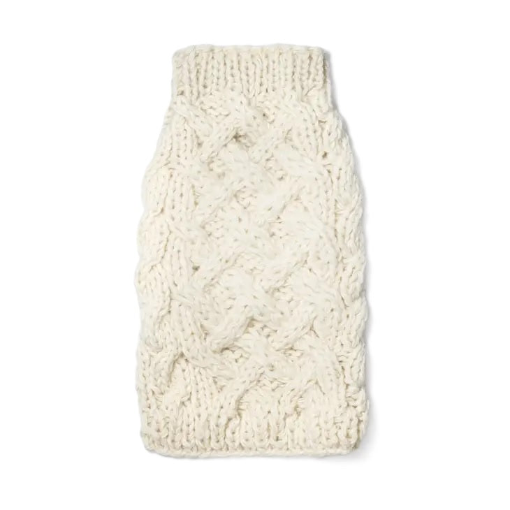 Wool ivory color cable knitted dog sweater on a white background